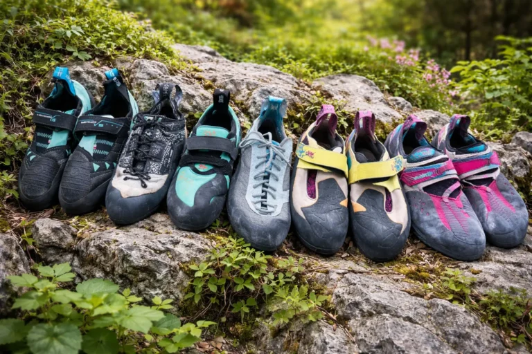 Best Climbing Shoes for Women displayed on a natural outdoor surface, featuring multiple pairs designed for comfort, grip, and performance on rock climbs.