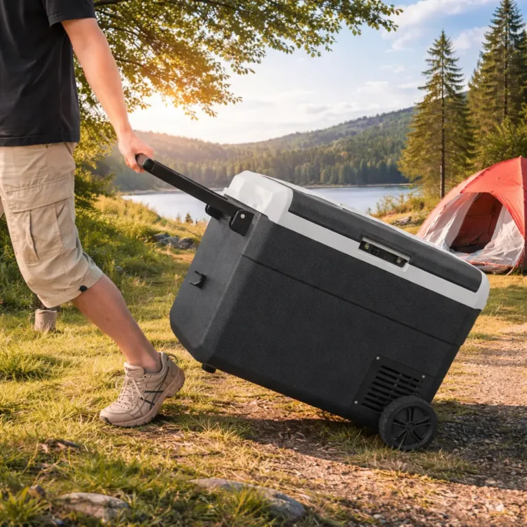 How to Choose the Best Electric Cooler illustrated by a wheeled electric cooler being pulled at a lakeside campsite, ideal for outdoor travel and camping.