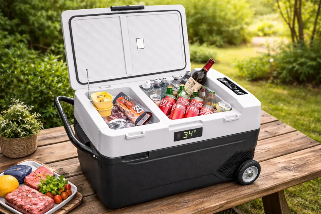 Best Electric Coolers displayed as a large wheeled electric cooler filled with drinks and food, ideal for outdoor picnics and camping
