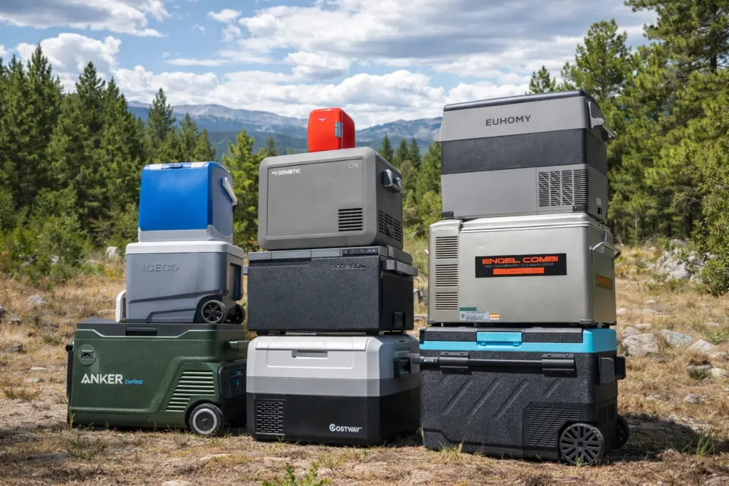 Best Electric Coolers displayed outdoors in a natural setting, showcasing portable electric coolers ideal for camping, road trips, and off-grid adventures