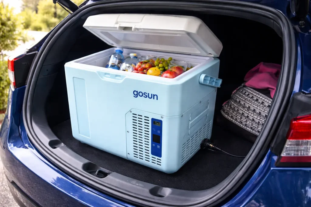 Best Electric Coolers shown as a compact electric cooler in a car trunk, keeping fruits and drinks fresh for road trips and travel
