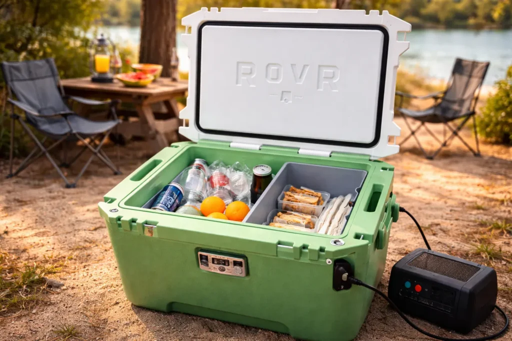 Best Electric Coolers shown as a portable powered cooler at a lakeside campsite, keeping drinks and food chilled for outdoor adventures