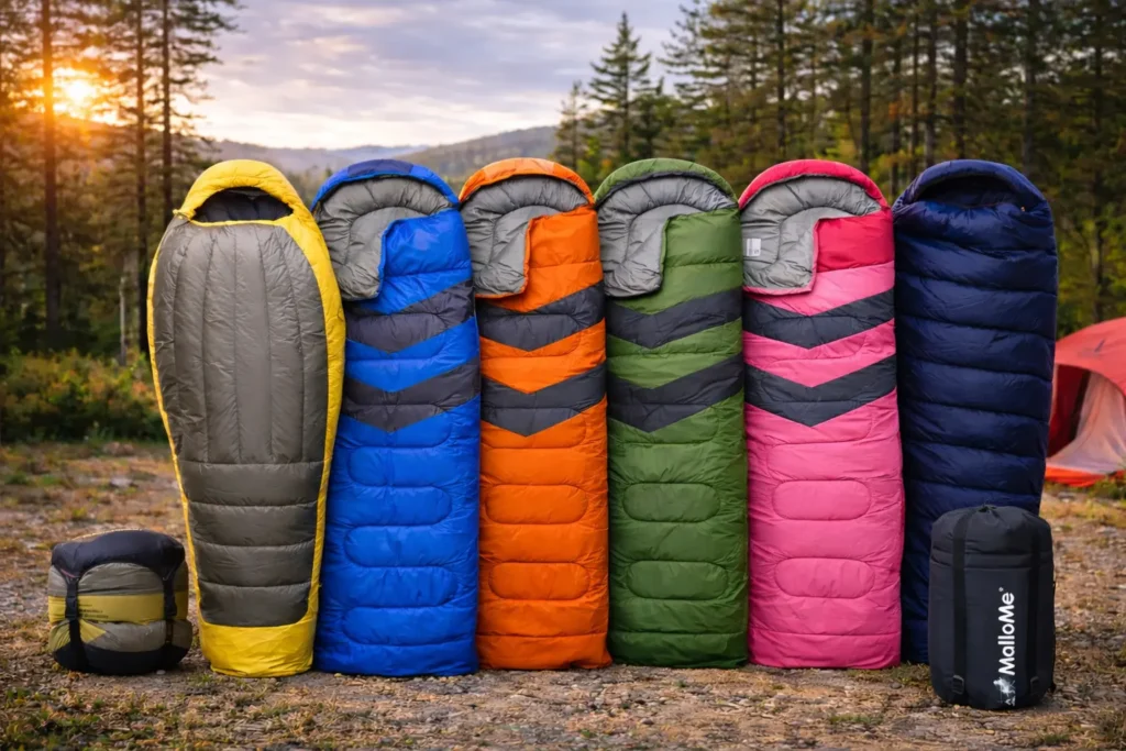 Best Sleeping Bags displayed upright at a campsite, showcasing different colors and insulated designs ideal for camping, hiking, and cold-weather outdoor adventures