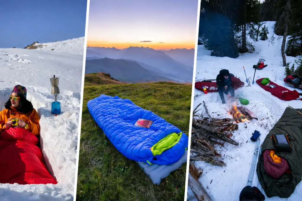Collage of outdoor camping scenes in snow and mountains, showcasing the Best Sleeping Bags for warmth and comfort in all seasons.