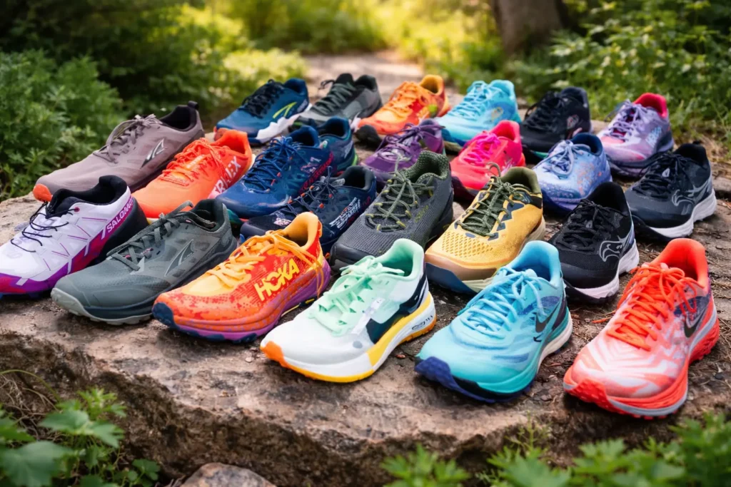 A display of colorful trail running shoes arranged neatly, showcasing features found in the Best Trail Running Shoes for outdoor performance.