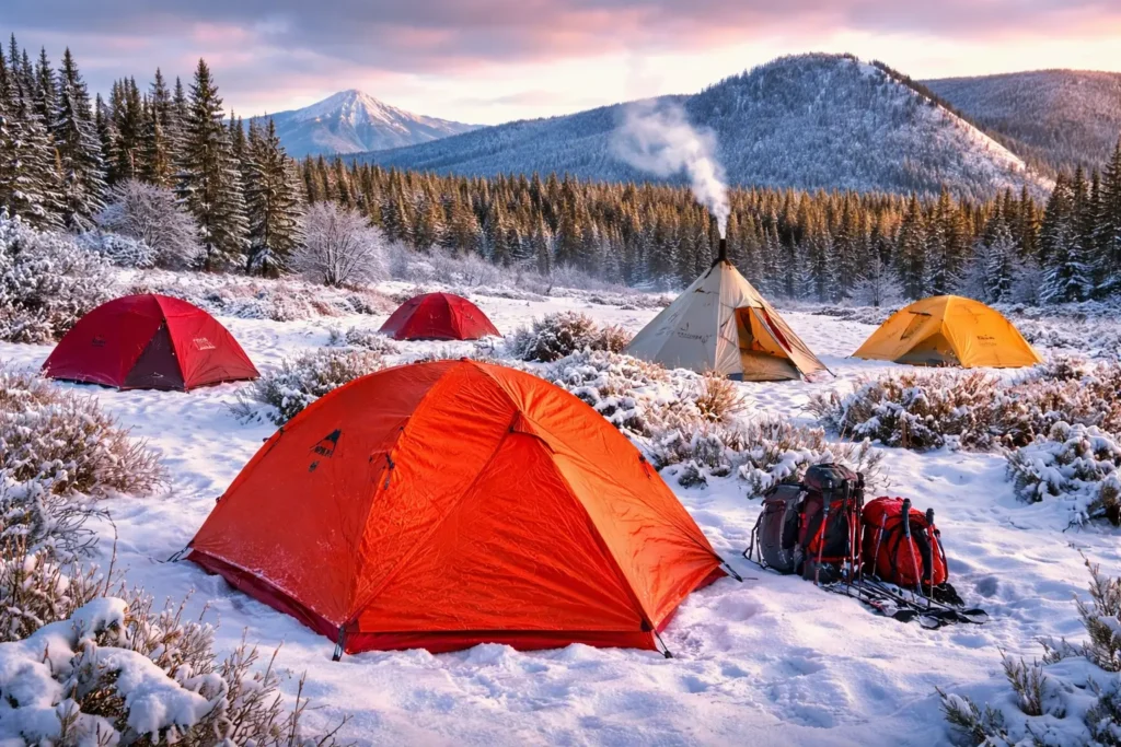 A winter camping scene featuring multiple durable shelters in snowy mountains, showcasing some of the best 4-season tents designed for extreme cold and harsh weather