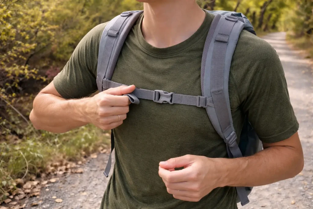 Man wearing a hiking backpack adjusts the chest strap on a forest trail, showcasing comfort, fit, and durability found in the Best Laptop Backpacks for travel and daily use.