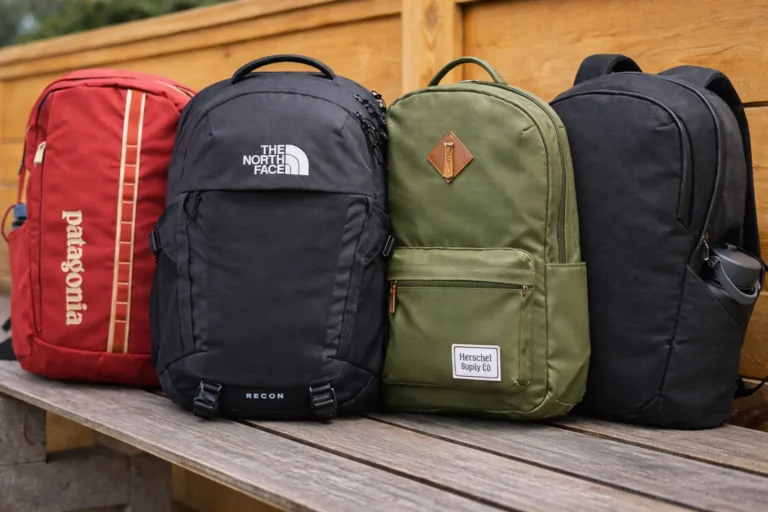Best Laptop Backpacks lined up on a wooden bench, featuring four modern backpacks designed for everyday carry, work, and travel use