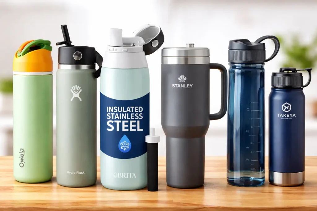 Comparison of best water bottles including insulated stainless steel options with straw lids and travel-friendly designs for everyday use