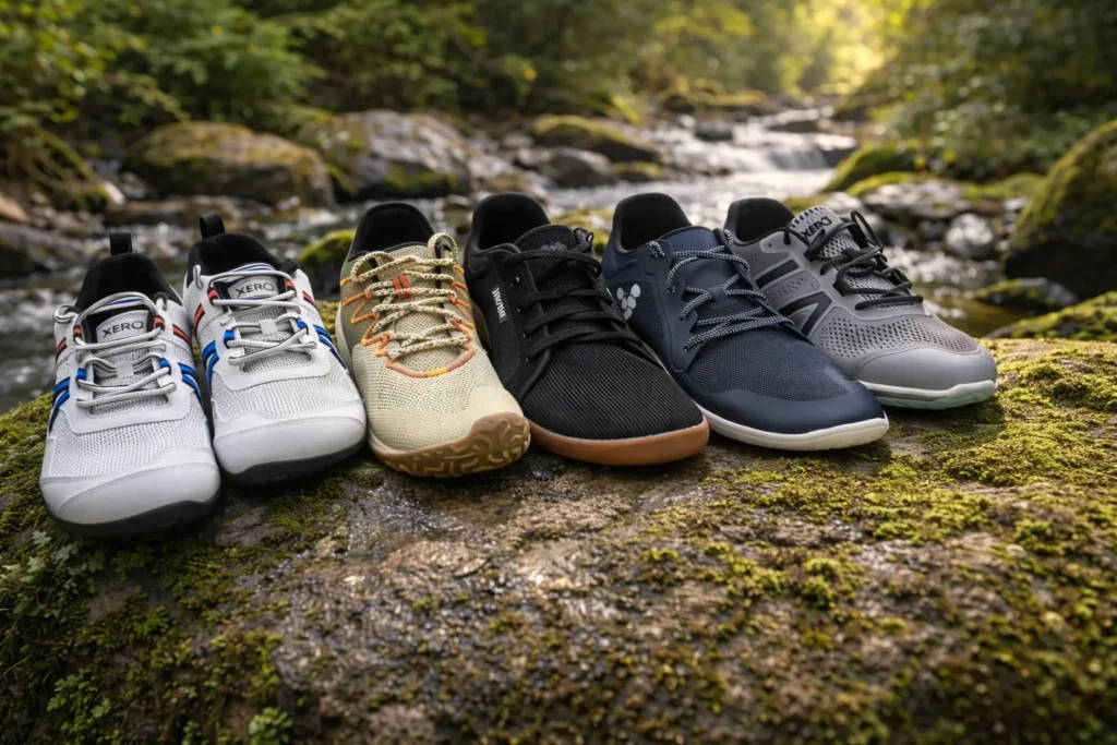 A lineup of the Best Barefoot Shoes for Men is displayed on a mossy rock beside a peaceful forest stream. Different styles of Best Barefoot Shoes for Men are designed for natural movement, comfort, and outdoor performance.