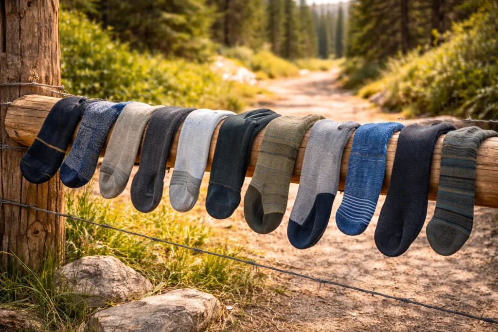 A row of durable, cushioned socks hanging on a wooden fence along a scenic trail, showcasing the Best Hiking Socks for comfort and long outdoor adventures