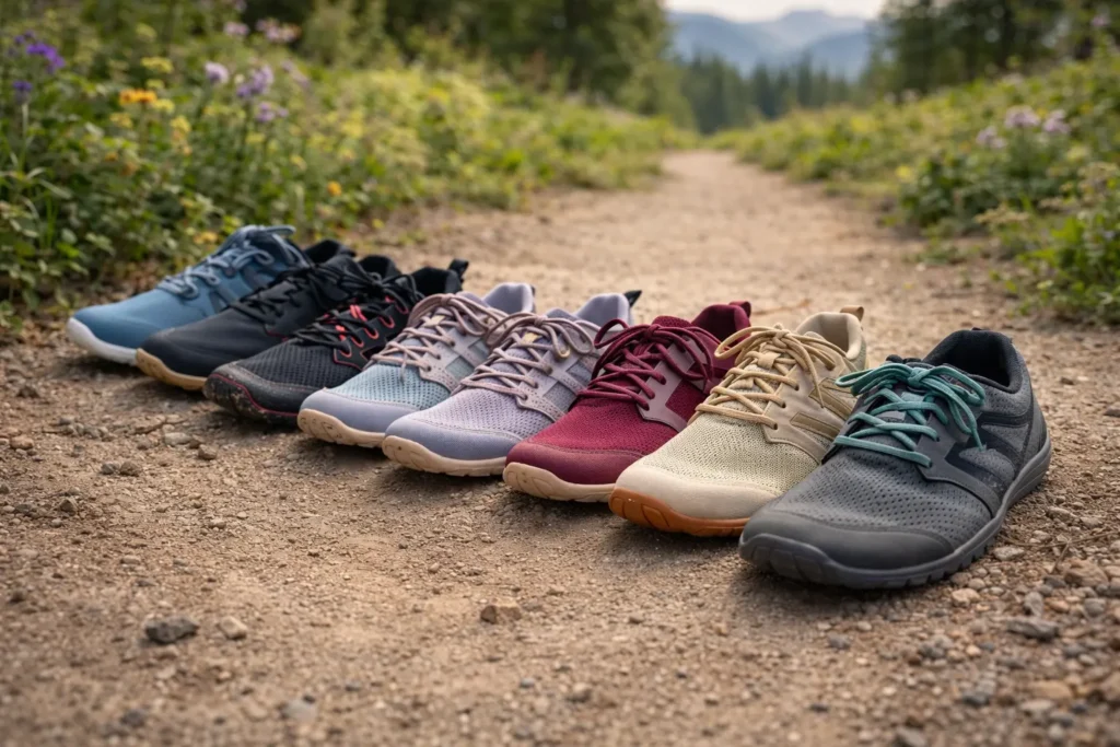 Best Barefoot Shoes for Women lined up on a scenic dirt trail, showcasing lightweight, flexible designs ideal for natural movement and outdoor walking