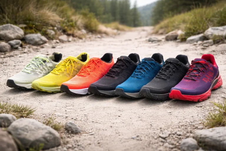 Best Trail Running Shoes for Men lined up on a rugged outdoor path with a natural forest background. Lightweight, durable men’s trail runners designed for grip, comfort, and off-road performance.