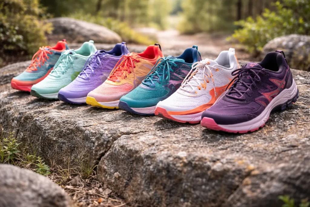 Best Trail Running Shoes for Women displayed on a natural rocky trail with a forest background. Colorful women’s trail running shoes designed for comfort, durability, and grip on outdoor terrain.