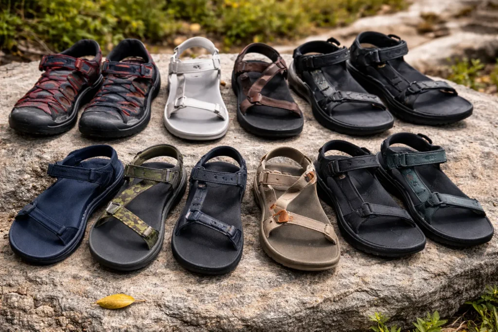 Collection of the best sandals for men displayed in different styles and designs, arranged neatly on a rustic surface for easy comparison.